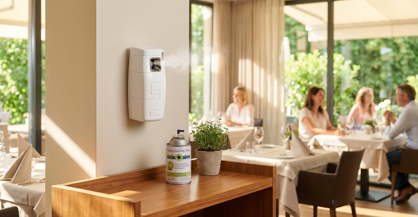 Insektenfrei PRO Aerosolspender diskret in einem Restaurant montiert, während Gäste im Hintergrund entspannt essen