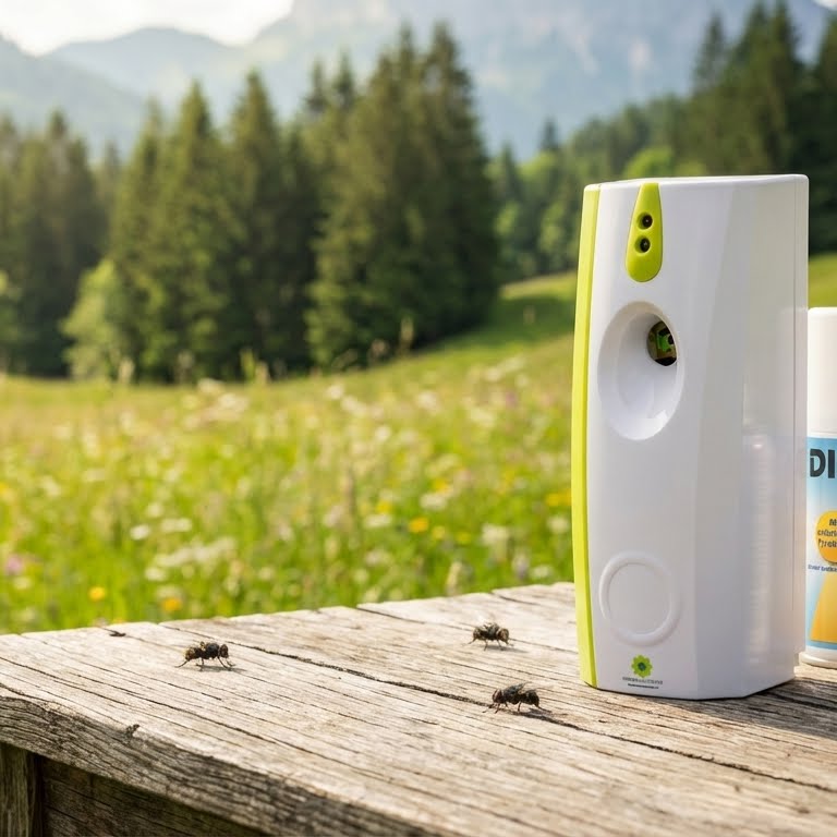 Insektenfrei PRO Aerosolspender im Außenbereich mit Fliegen auf einer Holzfläche — typisches Einsatzszenario