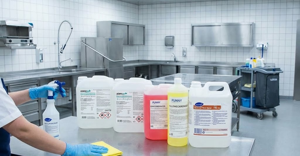 Professionelle Reinigung in einer Großküche mit Schutzhandschuhen und aufgereihten Hygieneprodukten