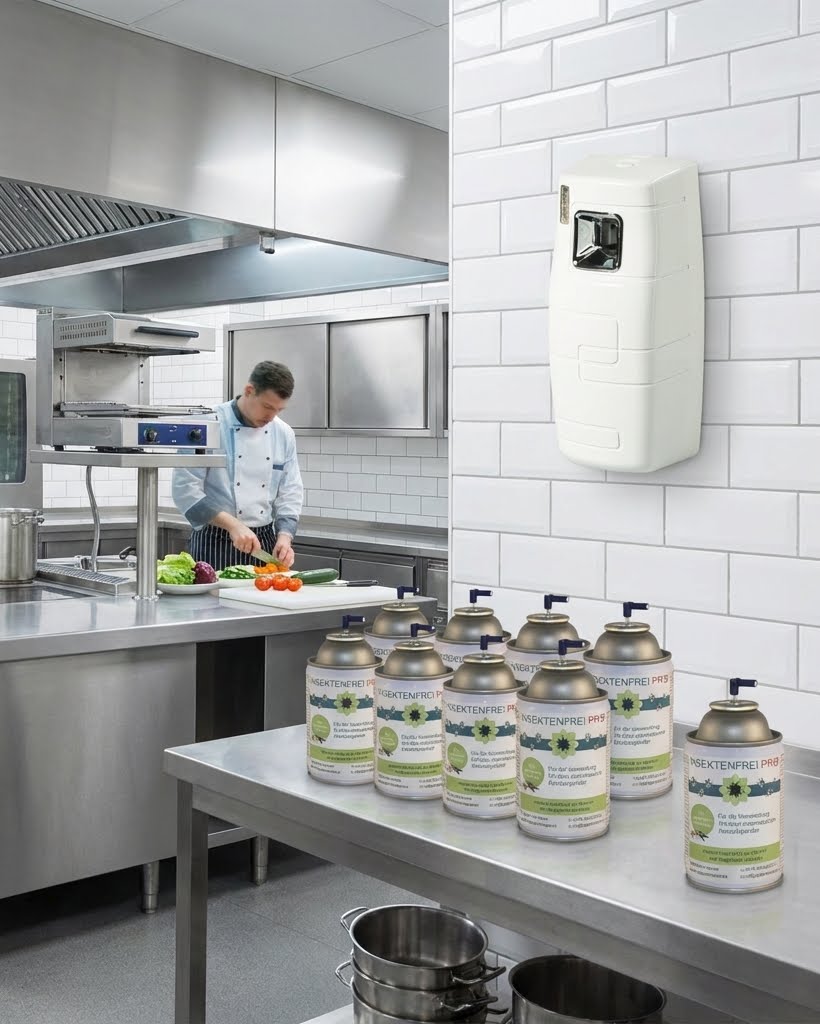 Professioneller Koch in einer sauberen Großküche mit weißen Fliesen und Edelstahl-Arbeitsflächen