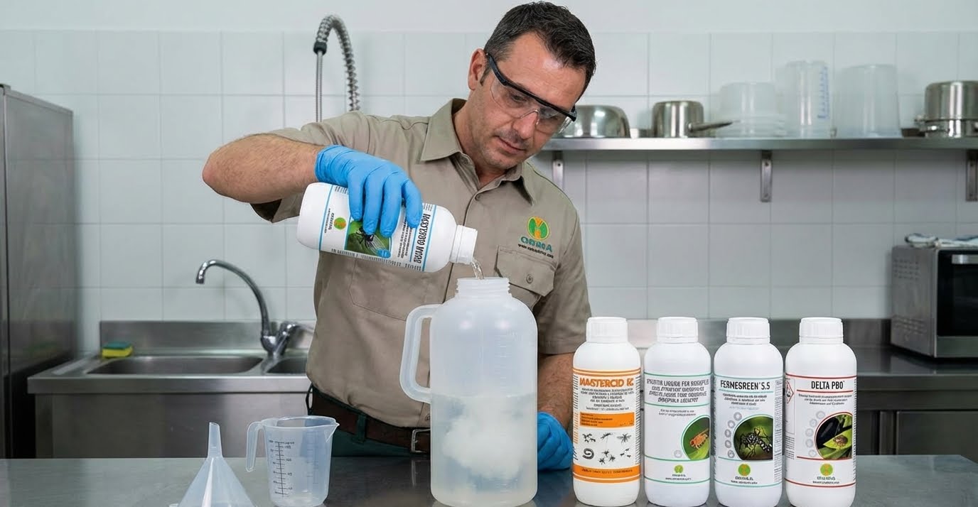 Professioneller Anwender in Schutzausrüstung beim Ansetzen eines OR.MA Mastercid Insektizidkonzentrats in einer sauberen Laborumgebung