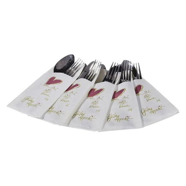 Airlaid Bestecktaschen Herzlich Willkommen und Guten Appetit 40x40, 1/8 Falz
