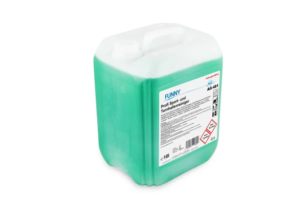 Funny Profi Sport- und Turnhallenreiniger 10-Liter-Kanister, Seitenansicht mit Etikett, AG-481