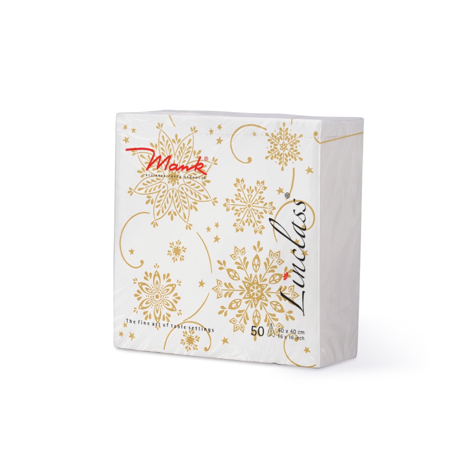 Mank Lunclass Verpackung Cristal, 50 Servietten 40 x 40 cm, weiß mit goldenen Schneekristallen