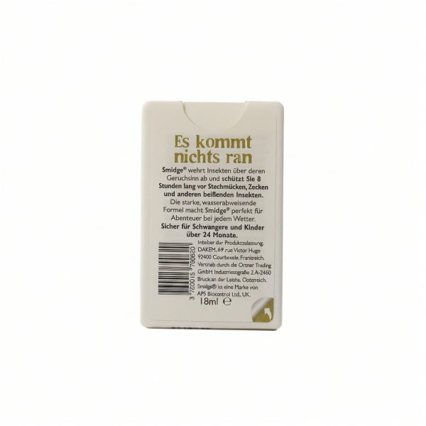 Smidge Insektenschutz-Spray 18 ml, Rückseite mit Anwendungshinweisen und Inhaltsangabe