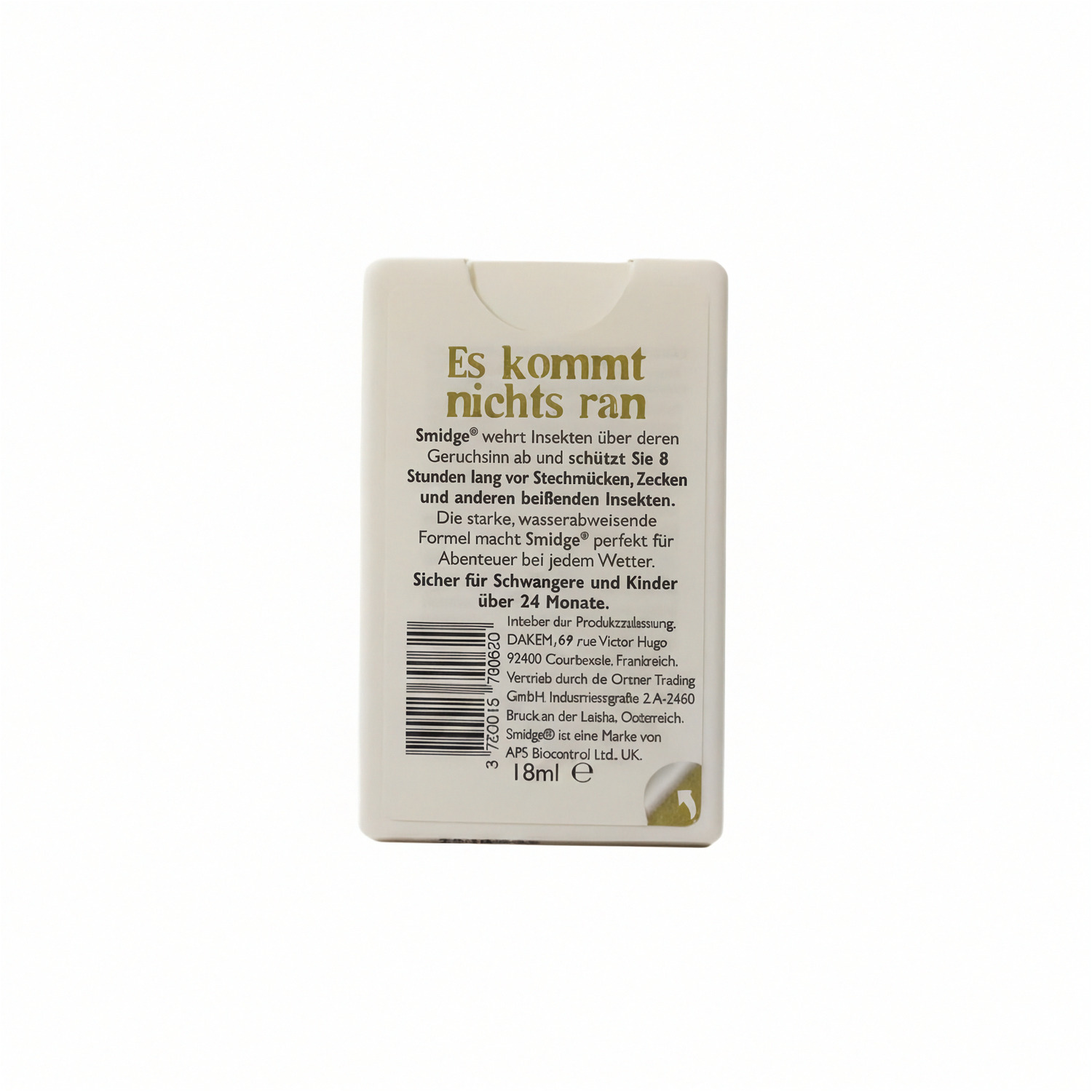 Smidge Insektenschutz-Spray 18 ml, Rückseite mit Anwendungshinweisen und Inhaltsangabe