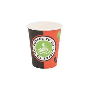 Coffee-to-go Becher aus Hartpapier mit Coffee-to-go-Motiv in Rot, Grün und Schwarz