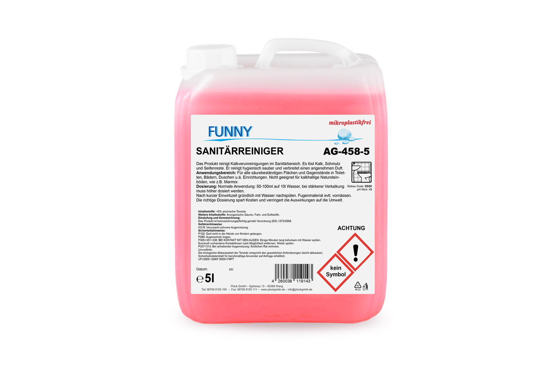 Funny Sanitärreiniger kalklösend, 5-Liter-Kanister, mikroplastikfrei, Art. AG-458-5