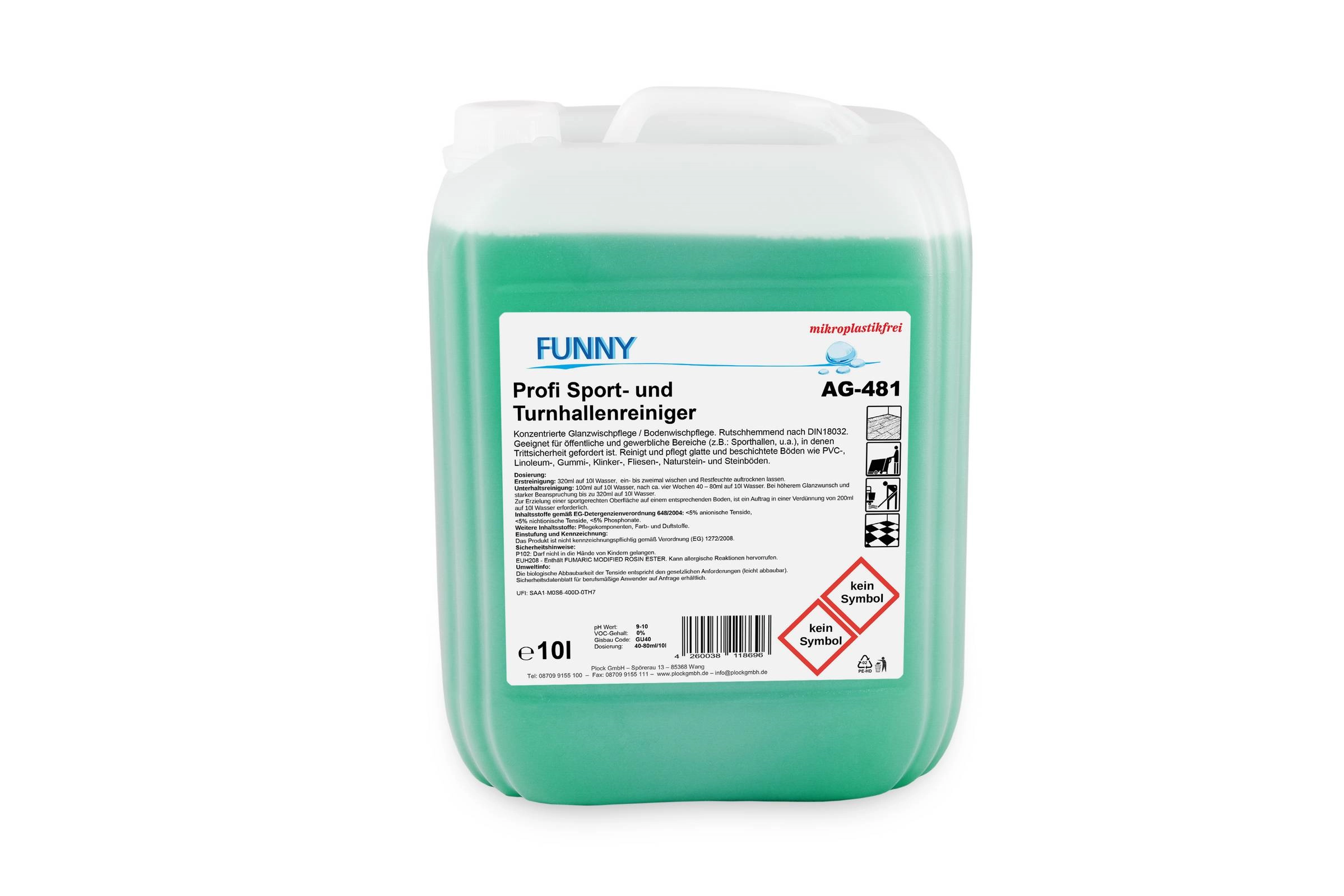 Funny Profi Sport- und Turnhallenreiniger, 10-Liter-Kanister, rutschhemmende Glanzwischpflege nach DIN 18032, AG-481
