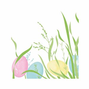 Mank Airlaid Serviette Ostern, bunte Ostereier und grüne Gräser auf weißem Grund, 40 x 40 cm