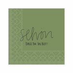 Mank Cocktailserviette oliv mit Schriftzug „Schön, dass Du da bist!", 24 x 24 cm, 3-lagig Tissue