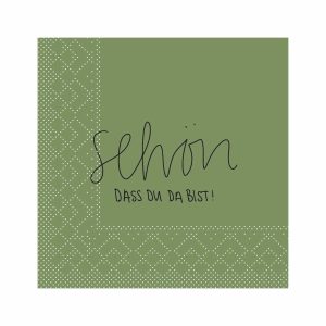 Mank Cocktailserviette oliv mit Schriftzug „Schön, dass Du da bist!", 24 x 24 cm, 3-lagig Tissue
