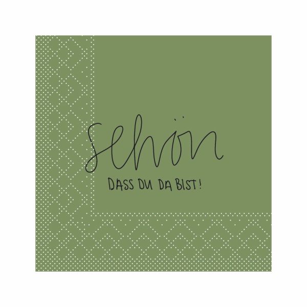 Mank Cocktailserviette oliv mit Schriftzug „Schön, dass Du da bist!", 24 x 24 cm, 3-lagig Tissue