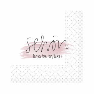 Mank Cocktailserviette weiß mit Schriftzug „Schön, dass Du da bist!", 24 x 24 cm, 3-lagig Tissue
