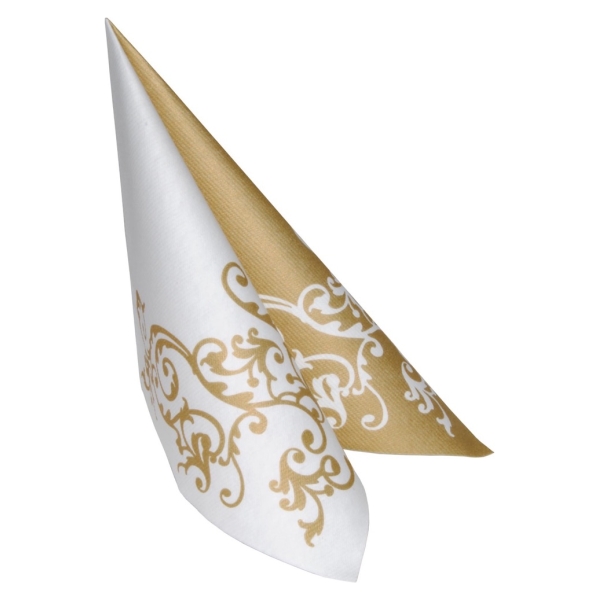 Mank Airlaid Serviette Pomp gold-weiß, 40 x 40 cm, ornamentales Goldmuster auf weißem Grund