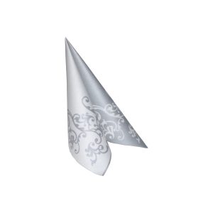 Mank Airlaid Serviette Pomp silber-weiß, 40 x 40 cm, ornamentales Silbermuster auf weißem Grund