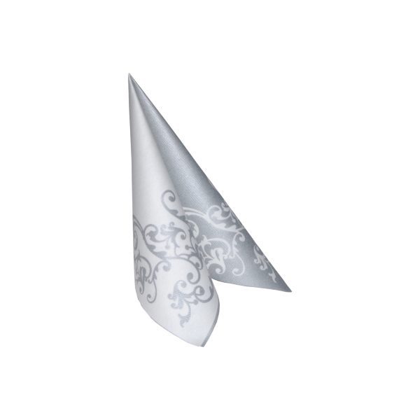 Mank Airlaid Serviette Pomp silber-weiß, 40 x 40 cm, ornamentales Silbermuster auf weißem Grund